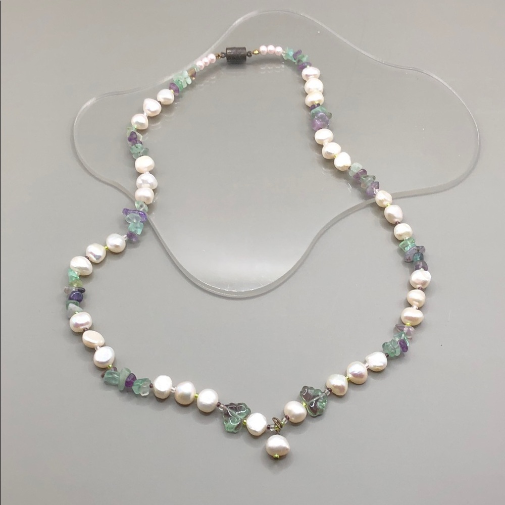 Artisan handmade cultured baroque irregular pearls gemstones and glass necklace.